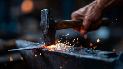 Blacksmith shaping metal with hammer in workshop during evening hours