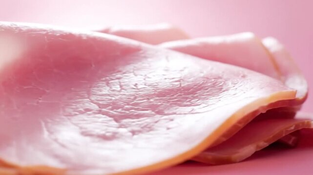 A vibrant close-up captures multiple thinly sliced pieces of deli meat, likely ham, fanned out against a soft, complementary pink background. The delicate texture of the protein is beautifully highlig
