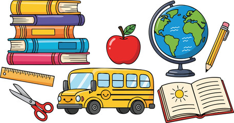 Pixel Art School Supplies Stacked Books Yellow Bus Globe Scissors Pencil Red Apple Open Book