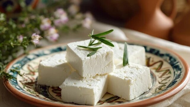 A vibrant close-up captures perfectly cubed portions of soft, white cheese, elegantly arranged on a beautifully patterned ceramic plate. Each piece is delicately garnished with fresh, aromatic green h