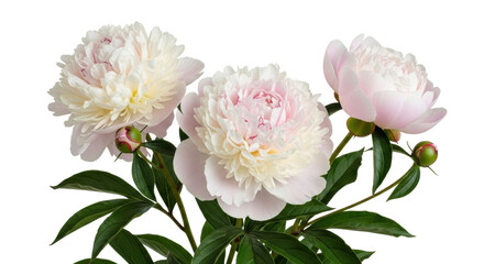Isolated light pink peony flowers blooming beautifully, spring blossoms and fresh green leaves