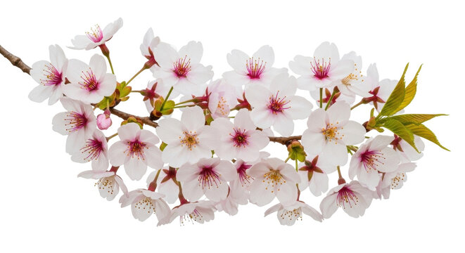 Isolated cherry blossoms on branch, pink and white flowers, spring bloom, floral design