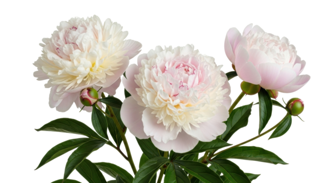 Isolated light pink peony flowers blooming beautifully, spring blossoms and fresh green leaves
