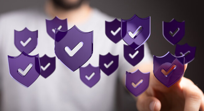 Concept of cybersecurity and data protection visualized with purple shield icons and check marks. Represents security, privacy, and v