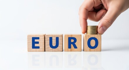 Euro currency concept hand stacking coins on wooden blocks spelling EURO financial investment and savings