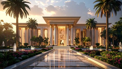 A grand and luxurious architectural masterpiece, featuring elegant modern design with marble facades, golden details, large glass windows, and a wide entrance with majestic pillars.