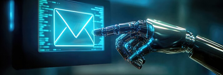 Futuristic Robotic Hand Holding Digital Envelope Symbol of AI Email Communication