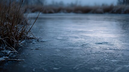 Close up view of a frozen water surface with dry grass reeds at dawn under a cold misty sky
