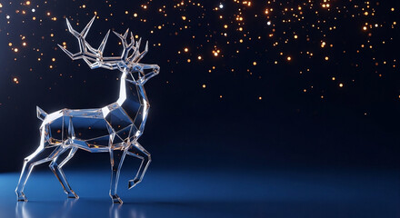 Elegant glass reindeer sculpture against dark blue background with glowing golden lights and festive magical ambiance 
