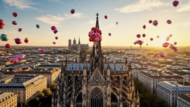 Rose shaped balloons symbolizing romance and celebration drift high above the iconic gothic spires of cologne cathedral, illuminated by the warm glow of a golden sunset