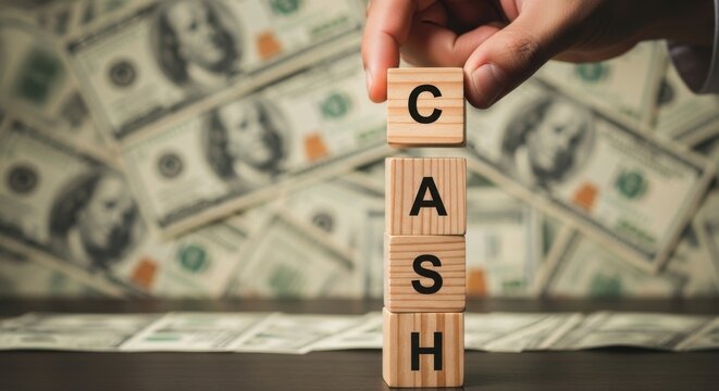 Hand stacking wooden blocks spelling CASH financial concept with US dollar bills background investment and wealth