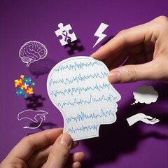 A conceptual composition illustrating neurological and mental health concepts with paper cutouts of a brain, EEG waves, and support symbols