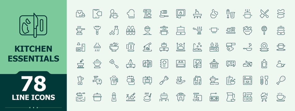Kitchen Essentials line icon set. Thin icons set. Pixel perfect. Editable vector. Utensil icon. Related to tool, tools, equipment, kitchen, cooking, food, cook and more.