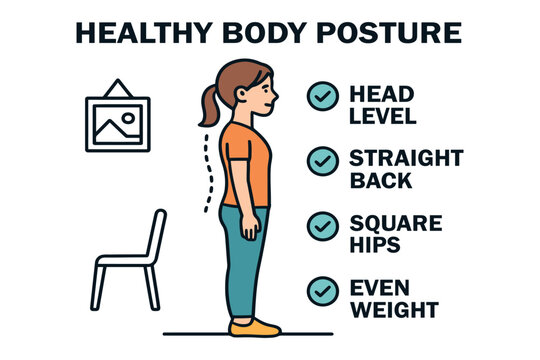 Woman demonstrating healthy body posture with key alignment points illustrated