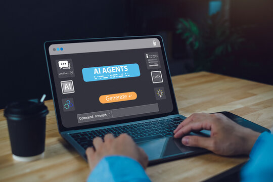 AI agent, live chat, generation platform, prompt, and command interface. A person working on a laptop displaying AI agent UI system in a modern office setup.