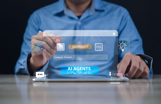 AI agent, live chat, generation platform, prompt, and command dashboard. A man using tablet with virtual interface to control AI agent software in a tech workspace.