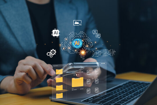 AI data management, file technology, automation, and digital system in action. Businessman using smartphone and laptop to access smart file folders with AI icons in modern workspace.