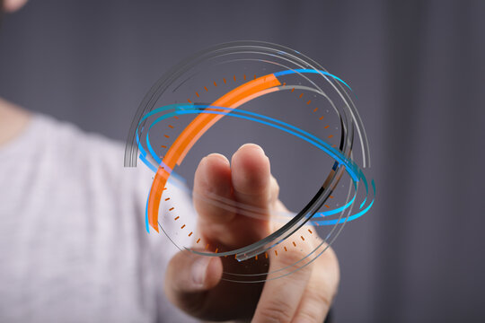 Concept of futuristic digital touch and connection of the world, represented by a hand interacting with a digital interface. Technolo