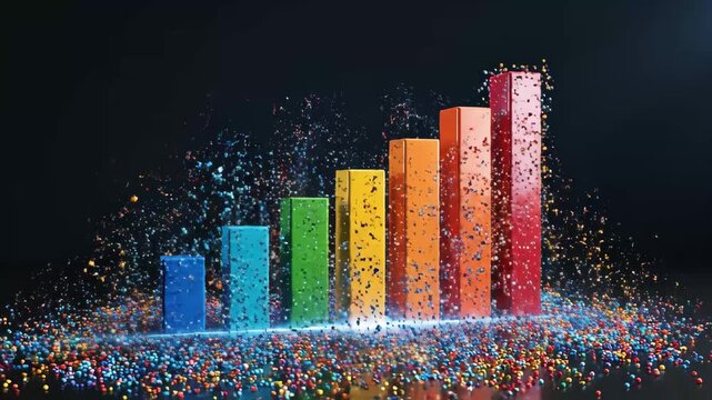 Colorful particle sphere forming a complex abstract shape, representing themes of global networking, data analytics, digital communication, and interconnected systems