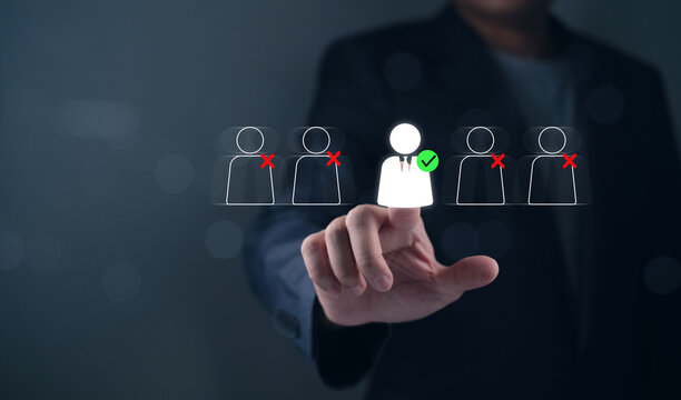HR decision human resource management process,, selection, and digital hiring strategy, talent for workforce optimization. Businessman selecting the right candidate from digital employee icons.