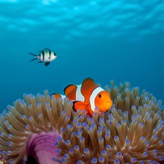 A beautiful Ocellaris clownfish hiding in a colorful sea anemone on a coral reef, showcasing marine symbiosis in tropical waters
