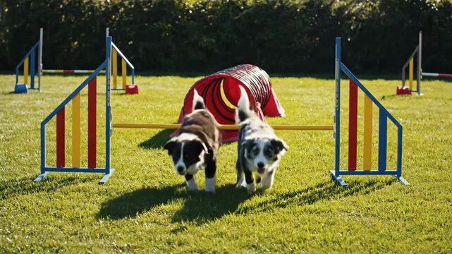 Two energetic border collie puppies are engaging with agility obstacles, including a jump and tunnel, practicing training on a vibrant green grass field under bright sunlight