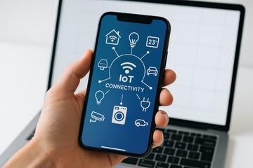 Smartphone displaying IoT connectivity interface, showcasing various connected devices for smart home management. Concept of technological integration and modern living.