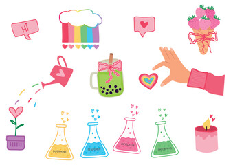 Self care aesthetic with happy hormones bottles, heart, boba tea, rainbow, flower, candle – wellness and happiness vector stickers set