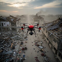 An aerial drone flies over the ruins of a destroyed city, surveying the extensive damage and rubble from a recent catastrophe