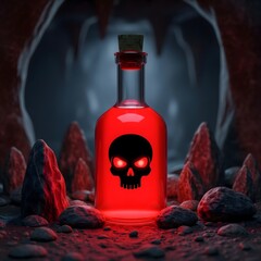 Lethal red liquid with a glowing skull emblem in a corked bottle, discovered in a mysterious grotto