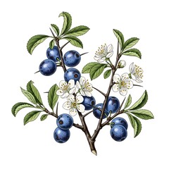 Elegant botanical illustration of a blackthorn branch, showcasing ripe blue sloe berries, delicate white flowers, and sharp thorns on a clean white background
