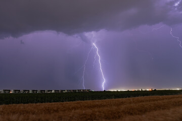 Spectacular Summer Storm: Powerful Lightning Striking Over a Vast Wheat Field at Night, Capturing Dramatic Rural Landscape.