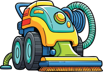 Cartoon Style Robotic Pool Cleaner with Blue Yellow and Teal Colors and Green Accent