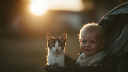 cheerful baby gently rocks playful kitten in stroller radiating warmth and love