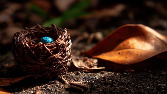 Close-up of a bird's nest with a blue speckled egg, next to a large, red-orange leaf