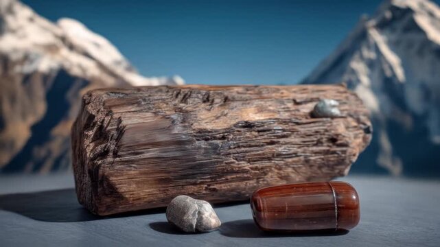Still life composition with weathered log, stones, and a capsule with majestic mountain backdrop