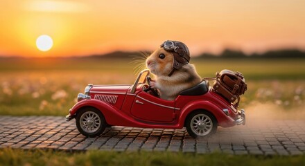 A hamster adventures in a red vintage car at sunset adding a touch of whimsy and charm to the scene