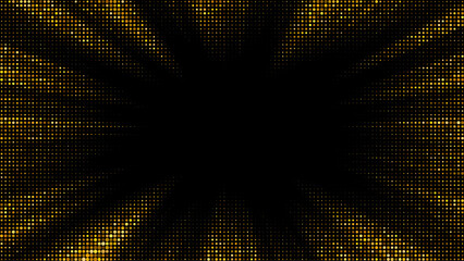 Background Black Center Burst with Golden Halftone Dots Radiating Outward, Dramatic Cosmic Glow, Abstract Starburst Motif
