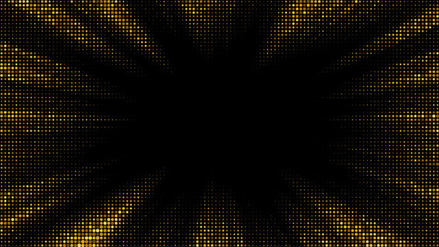 Background Black Center Burst with Golden Halftone Dots Radiating Outward, Dramatic Cosmic Glow, Abstract Starburst Motif