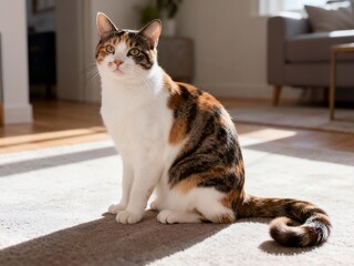 A beautiful calico cat with striking orange, brown, and white fur sits attentively on a cozy carpet, illuminated by warm sunlight streaming into the modern living room.