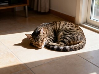 A domestic tabby cat is curled up tightly and sound asleep on the tiled floor, completely relaxed in the warm, bright sunlight streaming through a window.