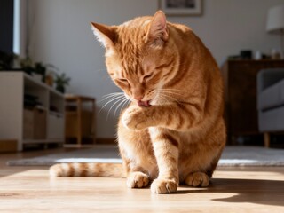 A charming orange tabby cat is captured mid-grooming, meticulously licking its paw while sitting on a wooden floor, bathed in warm afternoon sunlight in the living room.