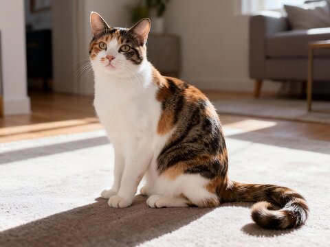 A beautiful calico cat with striking orange, brown, and white fur sits attentively on a cozy carpet, illuminated by warm sunlight streaming into the modern living room.