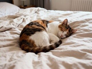 A beautiful calico cat with striking tricolor markings is curled up and sound asleep on a rumpled beige duvet cover in a bright and cozy bedroom setting.