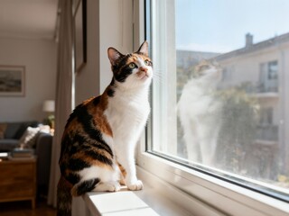 A gorgeous calico cat sits upright on a bright window sill, intently looking outside, enjoying the warm light filtering into the cozy living room.