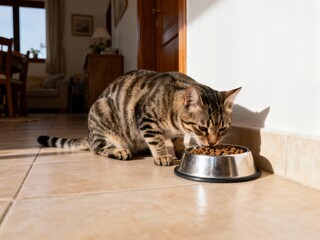 A domestic tabby cat is crouched down, eagerly eating dry kibble from a silver metal bowl placed on the tiled floor in a sunlit corner of the home.