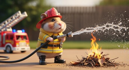Adorable Hamster Firefighter Diligently Extinguishing a Fire with a Firetruck in the Background