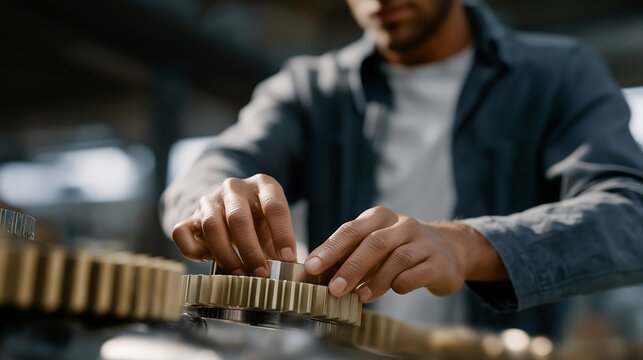 Close-up of mechanical gears being aligned by human-robot teamwork — representing artisanal tradition enhanced by robotics, futuristic repair methodology, and metaphorical synergy between past and