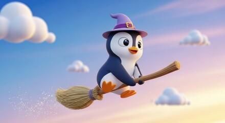 Adorable Penguin Witch Flying on a Broomstick Through a Whimsical Sky Landscape