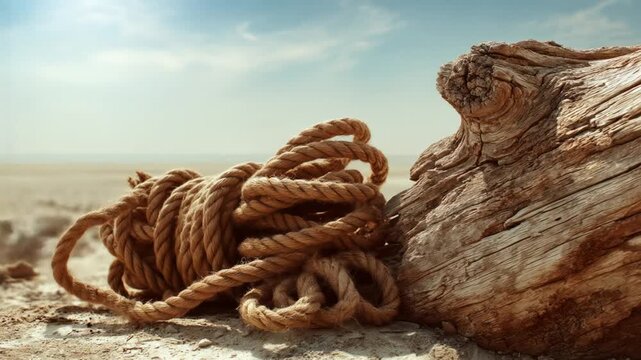 Close-up of coiled rope resting near weathered wood, sandy landscape under a bright, partly cloudy sky